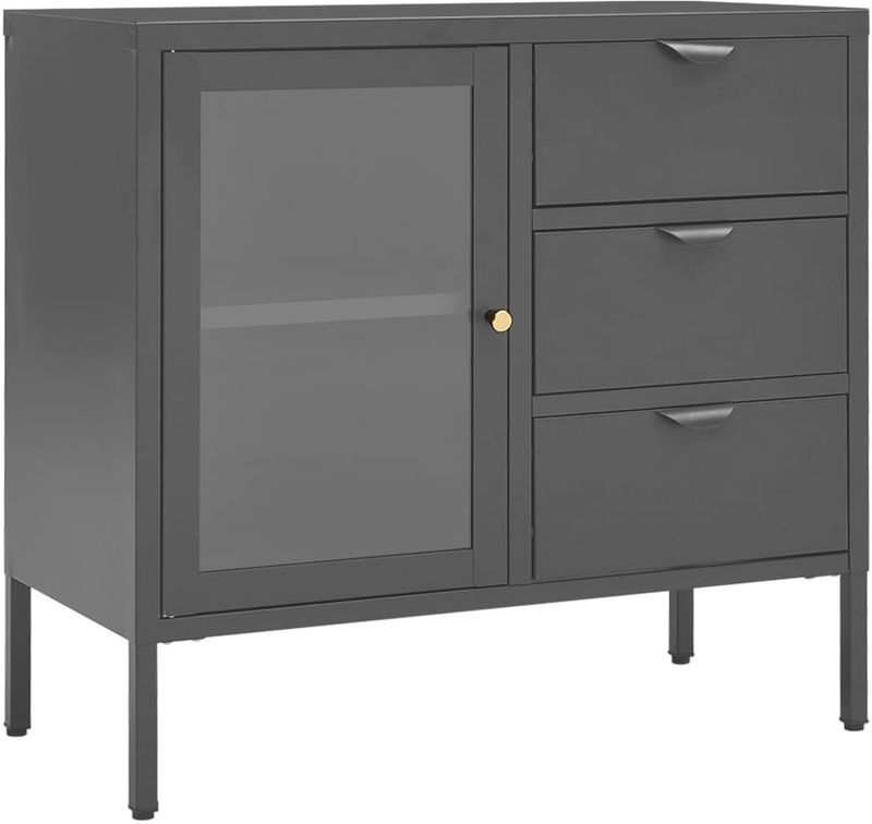 vidaXL - Dressoir - Antracietkleurig - Staal en Gehard Glas - 1 Verstelbaar Schap en 3 Lades