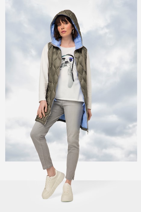 Steppweste, wasserabweisend, Longform, Kapuze, 2-Wege-Zipper, Saum-Zipper