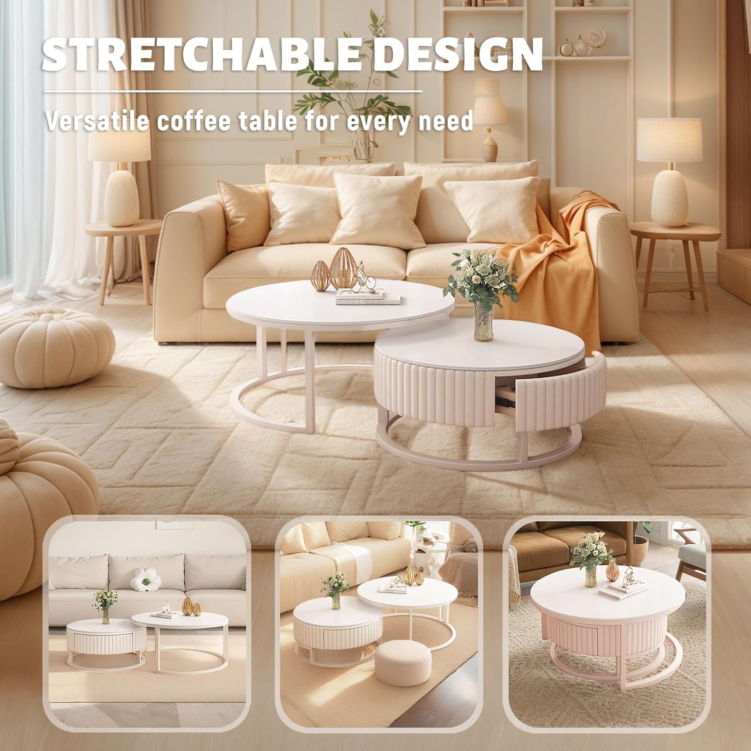2 weiße Couchtische, ausziehbar, rund, mit Aufbewahrung, Marmor und robuster Metallrahmen, modern und ausziehbar, für Wohnzimmer und Büro
