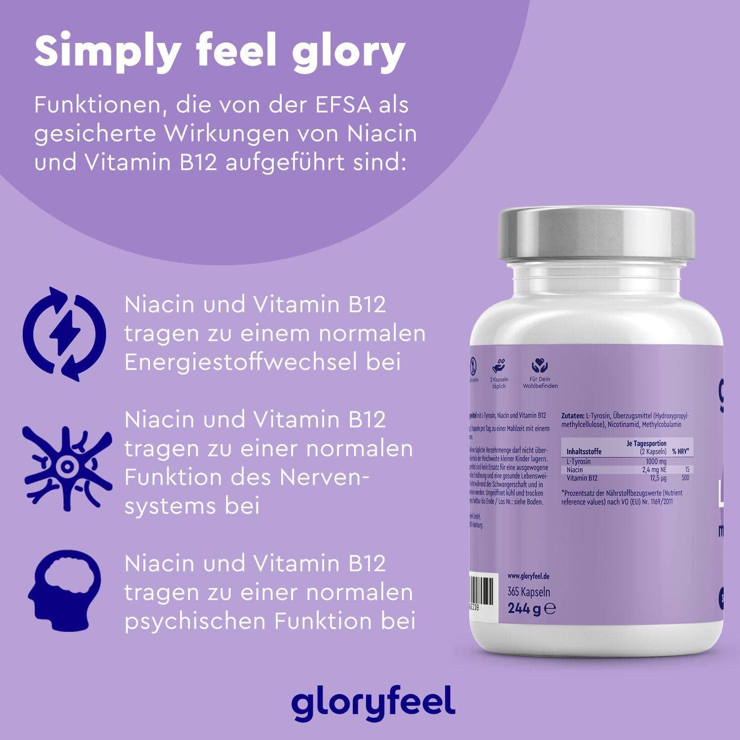 gloryfeel® L-Tyrosin + Niacin & Vitamin B12 Kapseln
