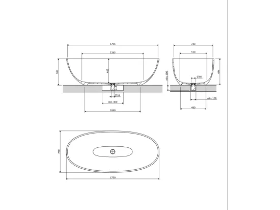 Baignoire Îlot - 175 x 78 cm - SHELL - NOIR MAT - avec SIPHON INCLUS