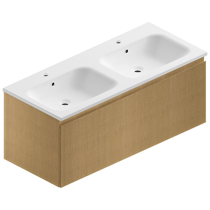 Meuble sous vasque à suspendre Pura placage chêne clair strié 120 cm + Plan double vasque en résine blanc mat