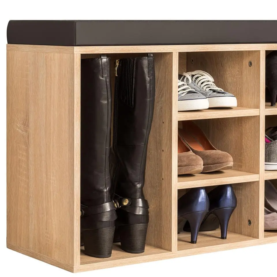 tectake Schoenenkast met zitkussen 103,5x48x30cm, Donkergrijs/eiken Licht