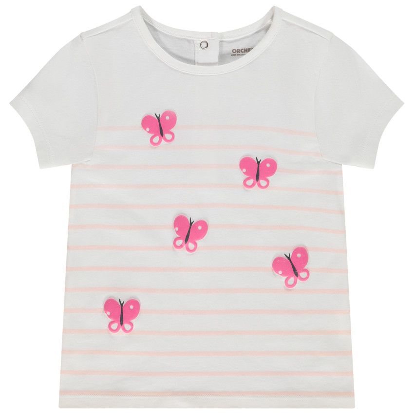 T-shirt manches courtes type marinière fantaisie pour bébé fille - Blanc