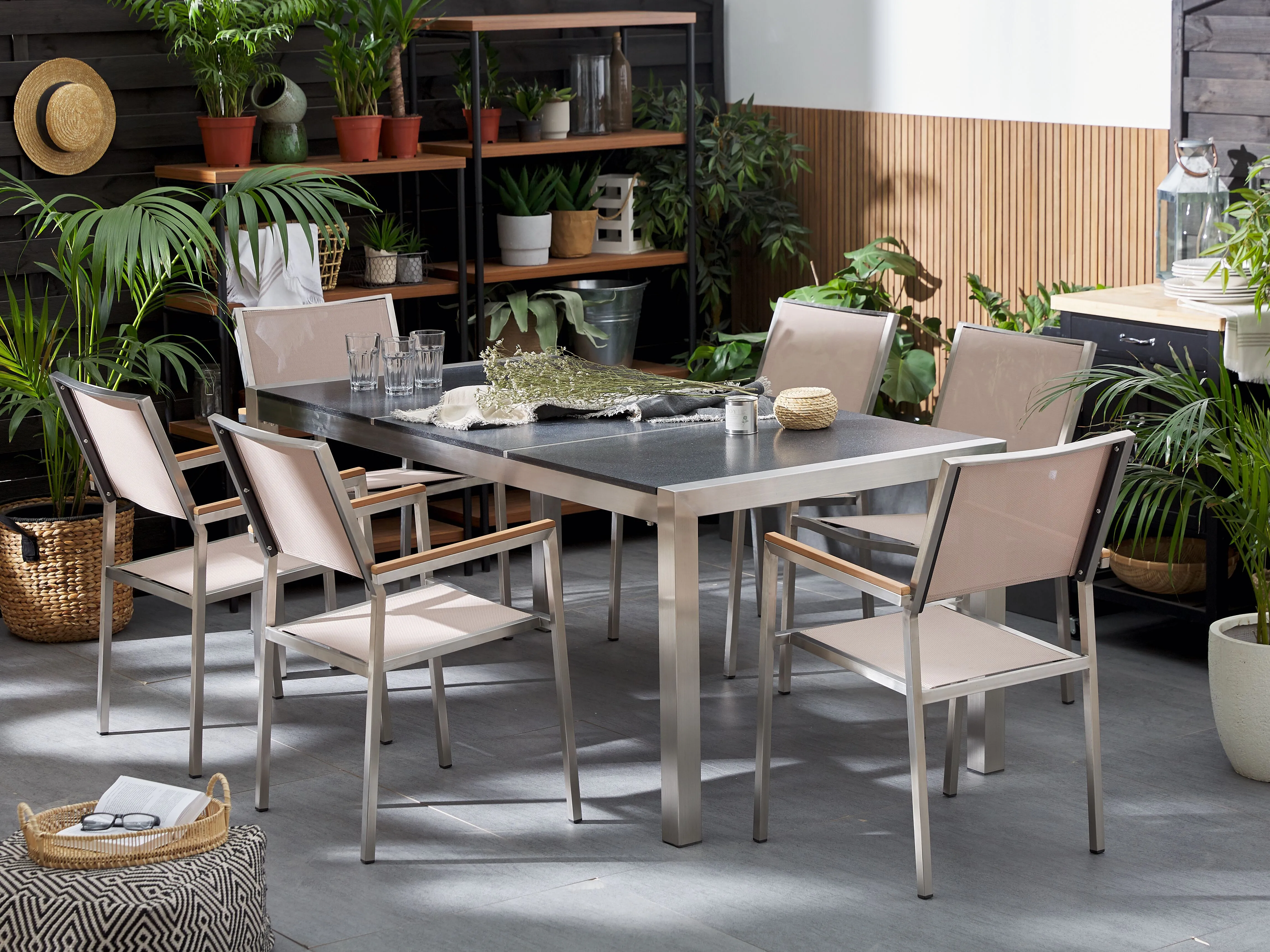 Tuinset 6-zits GROSSETO driedubbele plaat Basalt Gevlamd Zwart/beige