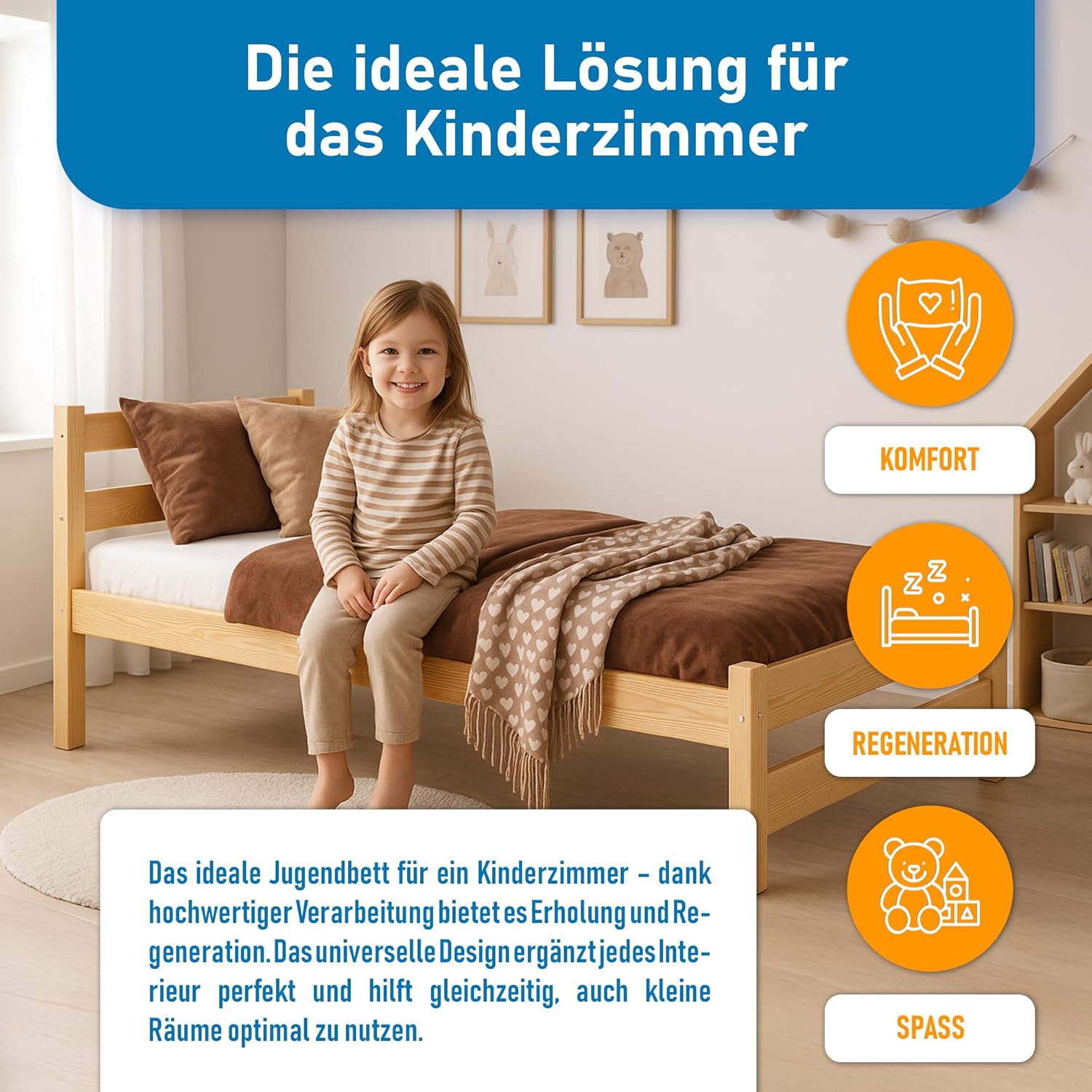 Kinderbett 80x160 cm mit Lattenrost - Einzelbett aus Kiefer Massivholz - Kinder Bett Montessori – Jugendbett Unlackiert – Tagesbett ohne Matratze