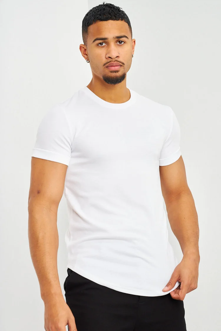 T-shirt côtelé blanc manches courtes à revers