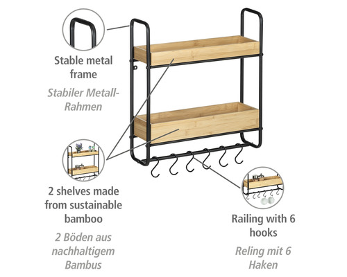 Loft wandplank, 2 niveaus, bamboe/zwart