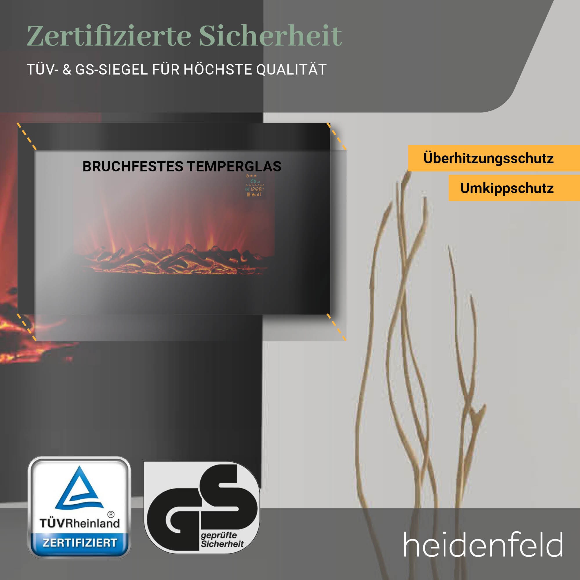 Heidenfeld Elektrokamin HF-WK100, Wandkamin Flat / Curved, Heizfunktion, Thermostat, Fernbedienung (WK100C flach Steinoptik)