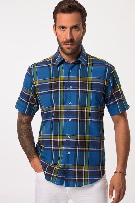 Leinenmix-Karohemd, Halbarm, Kentkragen, Modern Fit, bis 8 XL