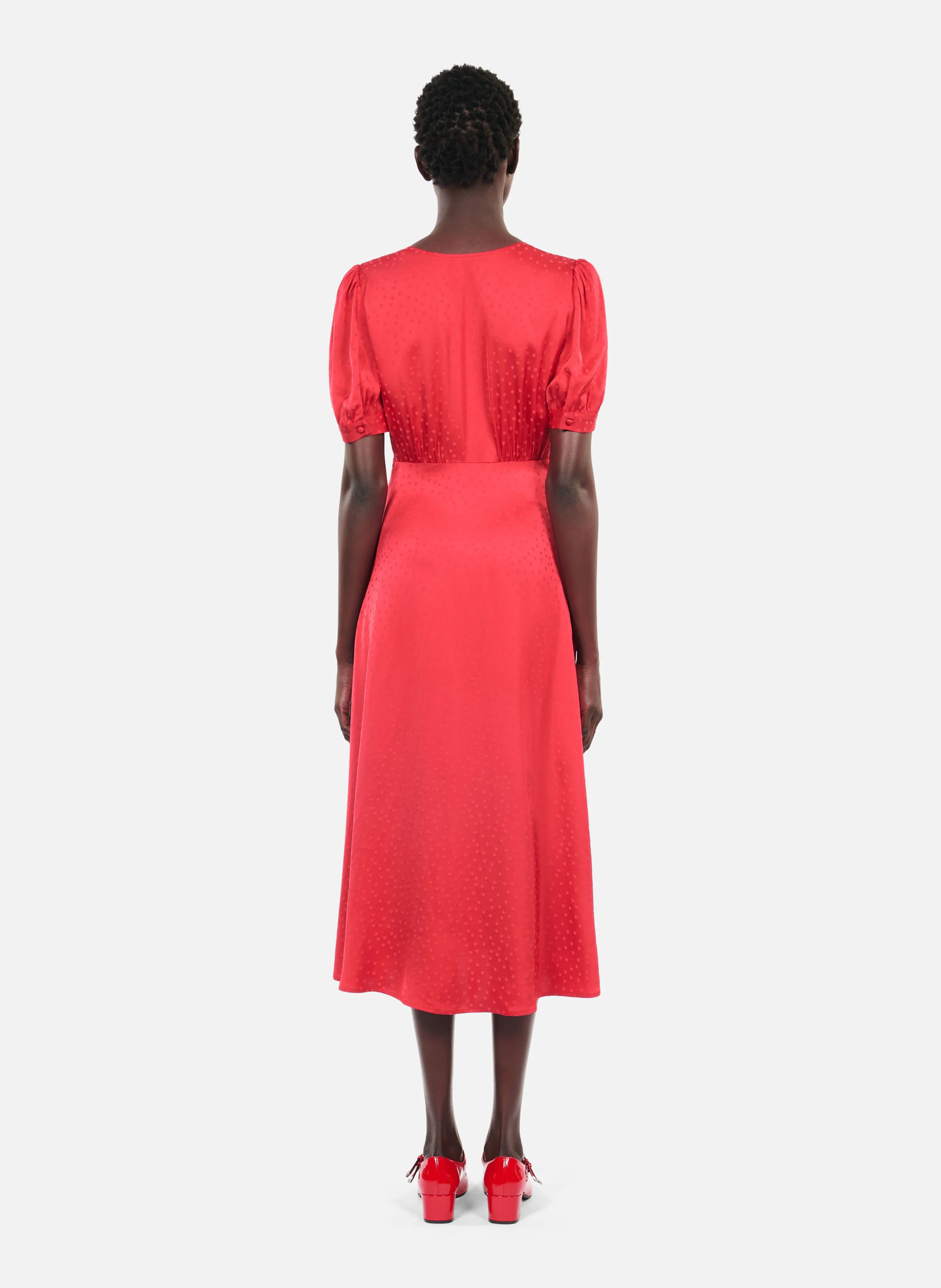 Robe droite col V en jacquard imprimé | Rouge