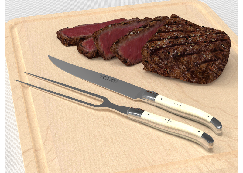 Service à viande Laguiole avec un manche en os de bovin et mitres en acier inoxydable