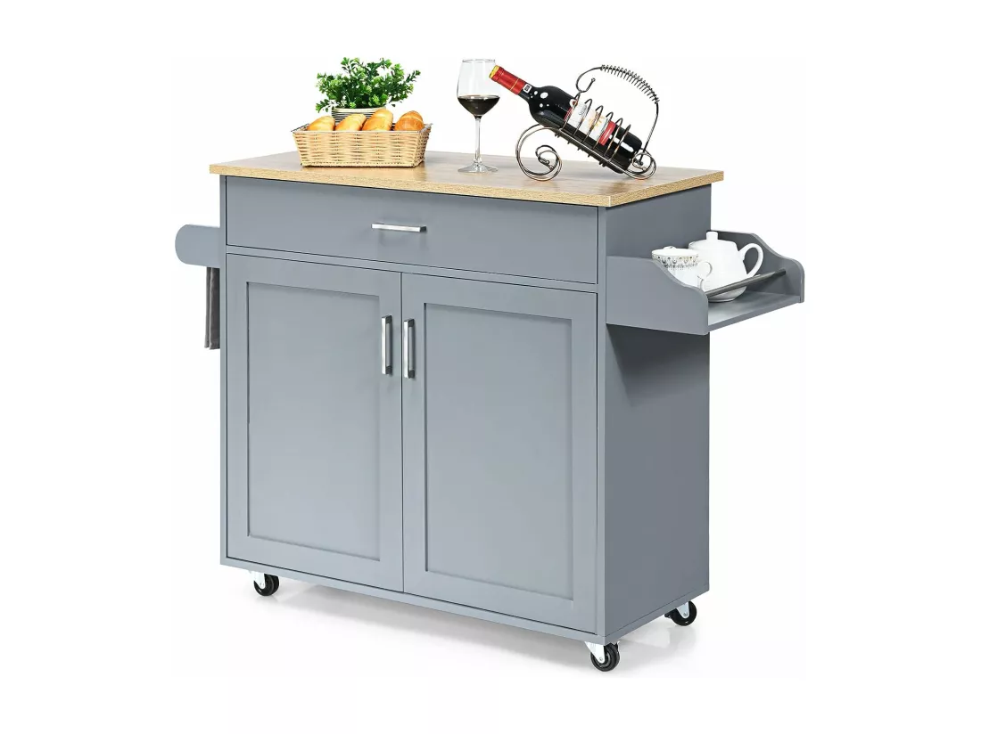 Dessert de Cuisine à roulettes Verrouillables, Ilot Central Cuisine Étagère Réglable sur 3 Niveaux, Grand Placard, Tiroir, Porte-épices et Porte-Serviettes, 40 x 116 x 85 cm (Gris)