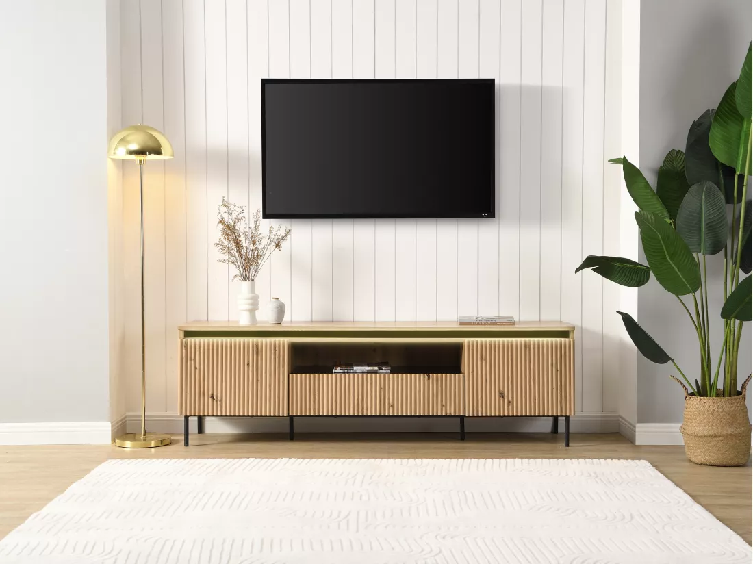 Meuble TV 2 portes, 1 tiroir et 1 niche en MDF et métal - Avec LEDs - Naturel et Noir - VIDALEO