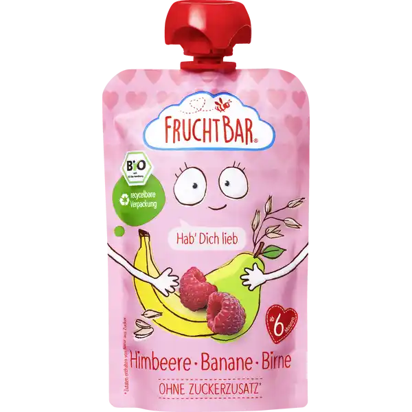 Bio-Fruchtpüree Himbeere, Banane, Birne mit Haferdrink
