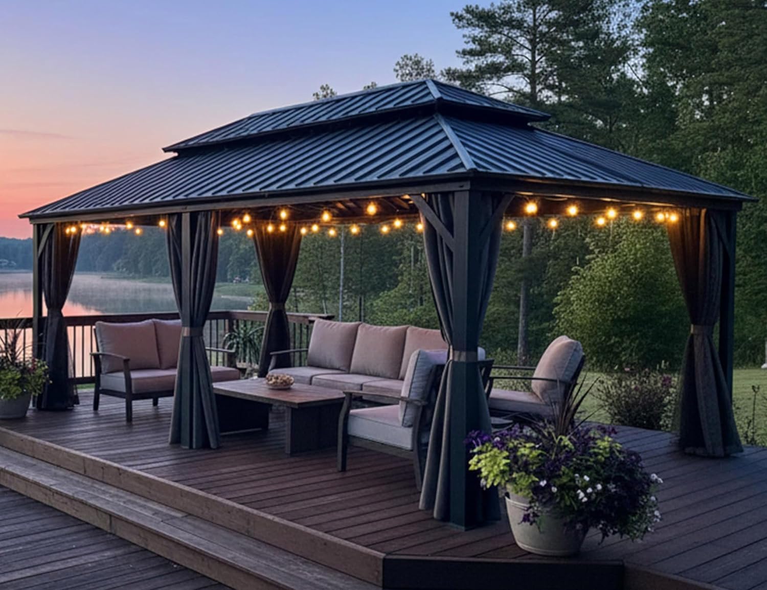 PURPLE LEAF Pavillon 3.65 x 6 m Wasserdicht Stabil Winterfest, Basisch Hardtop Pavillon mit Seitenwänden Gartenpavillon mit 21.9 m 36 LED Kugel Lichterkette für Carport, Grau