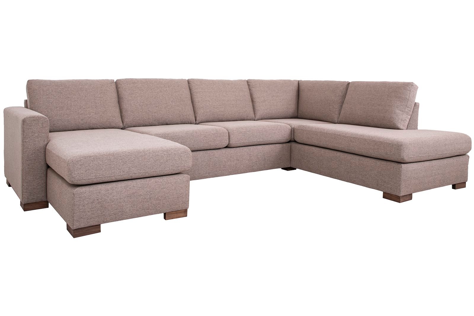Pixel U-sofa Sjeselong venstre, 2-seter, hjørne og åpen ende høyre. I tekstil Neve 16 beige/greige, lav front, smoked treben W33, og arm A15. Komfort 1.