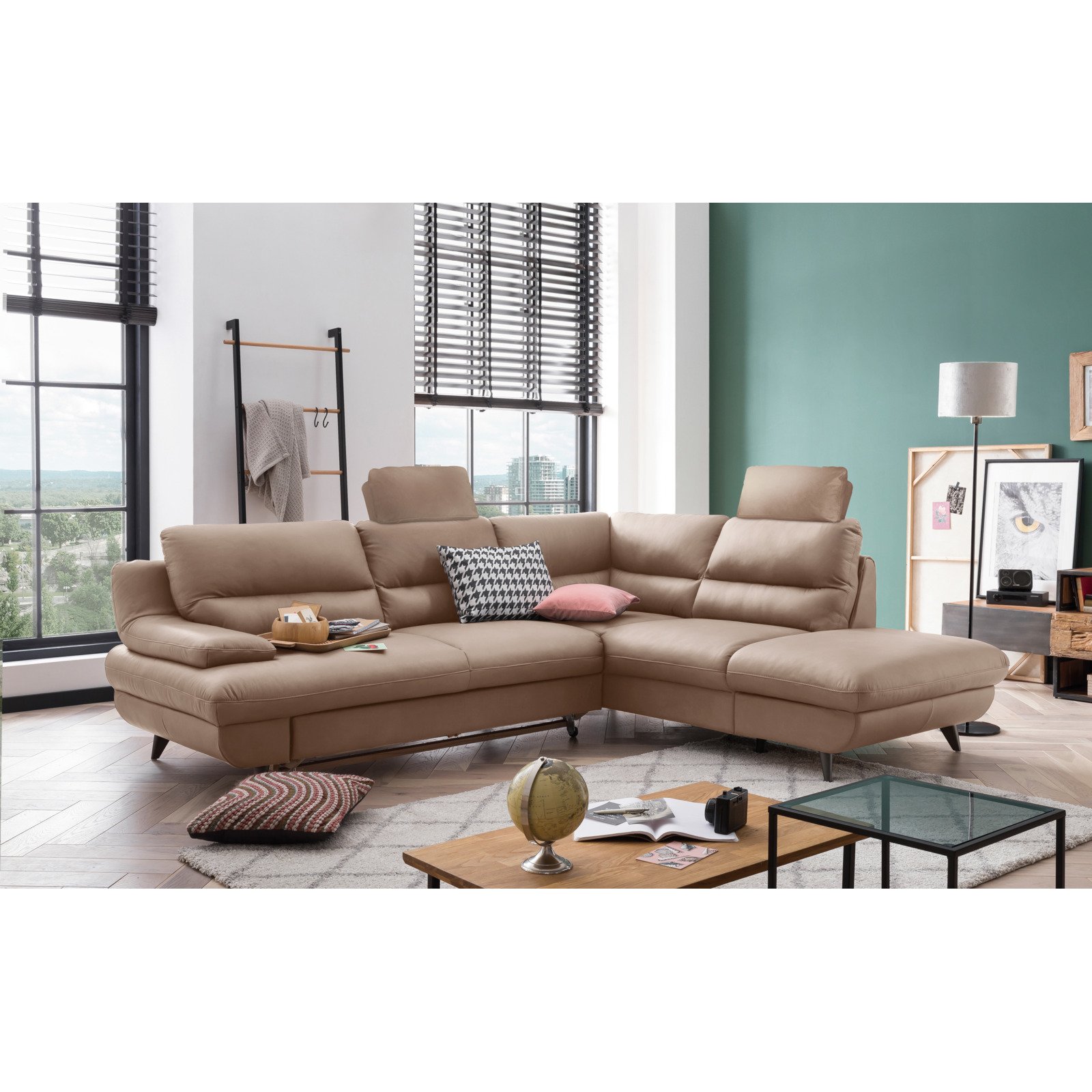Ecksofa Pike Leder, Ottomane rechts cappuccino