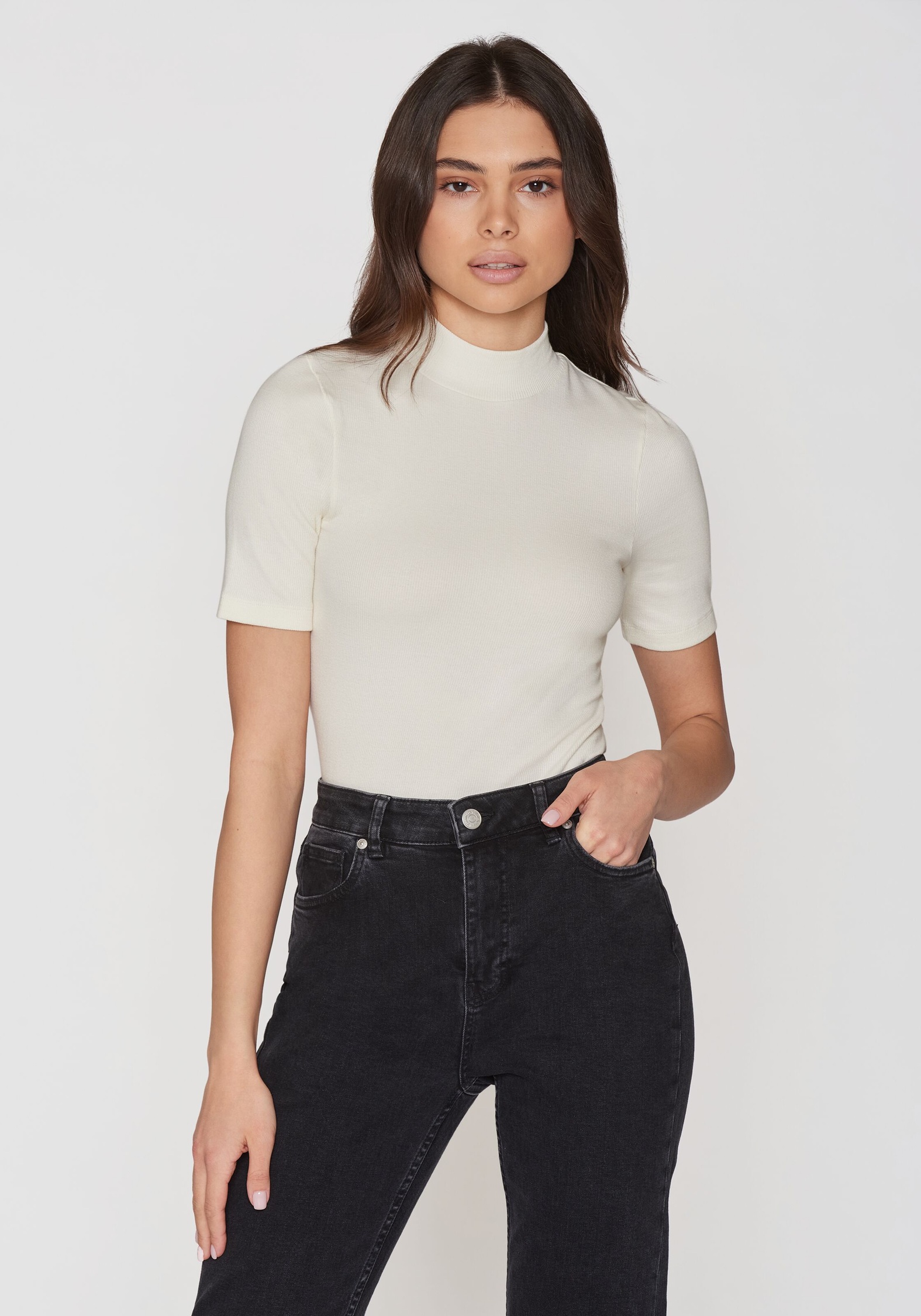 Knowledge Cotton Apparel T-Shirt Rib High Neck Star White
