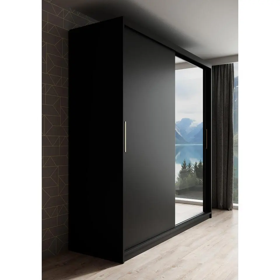 Meubella - Kledingkast Mandalin - Zwart - 200 cm - Met spiegel