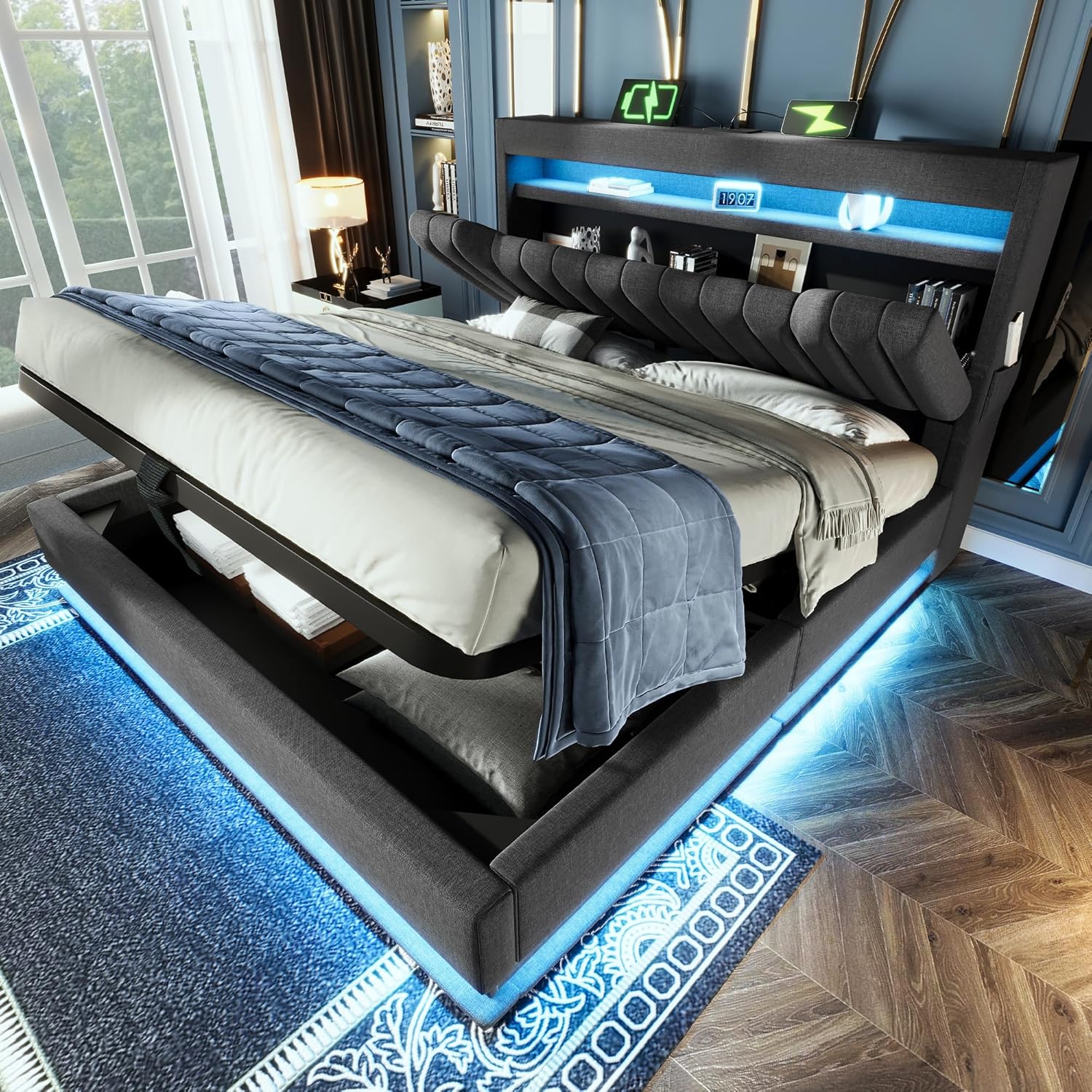 Polsterbett Doppelbett 180x200, LED Jugendbett Hydraulisches Bett Stauraumbett Funktionsbett Bettgestell mit Stauraum&Lattenrost, Stauraum-Kopfteil mit USB Type-C Aufladen, Leinen, Ohne Matratze, Grau