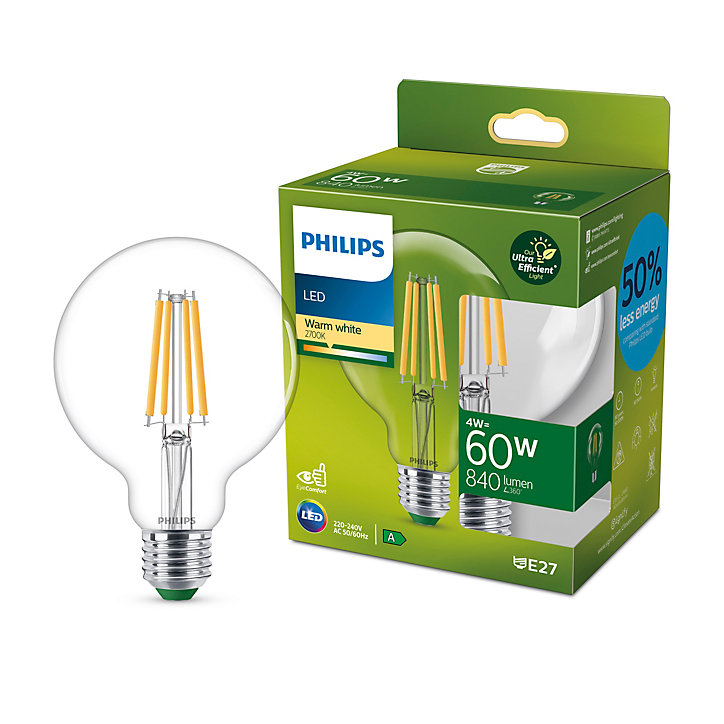 Ampoule LED globe E27 840lm=60W blanc chaud Philips ⌀9,5 cm transparent