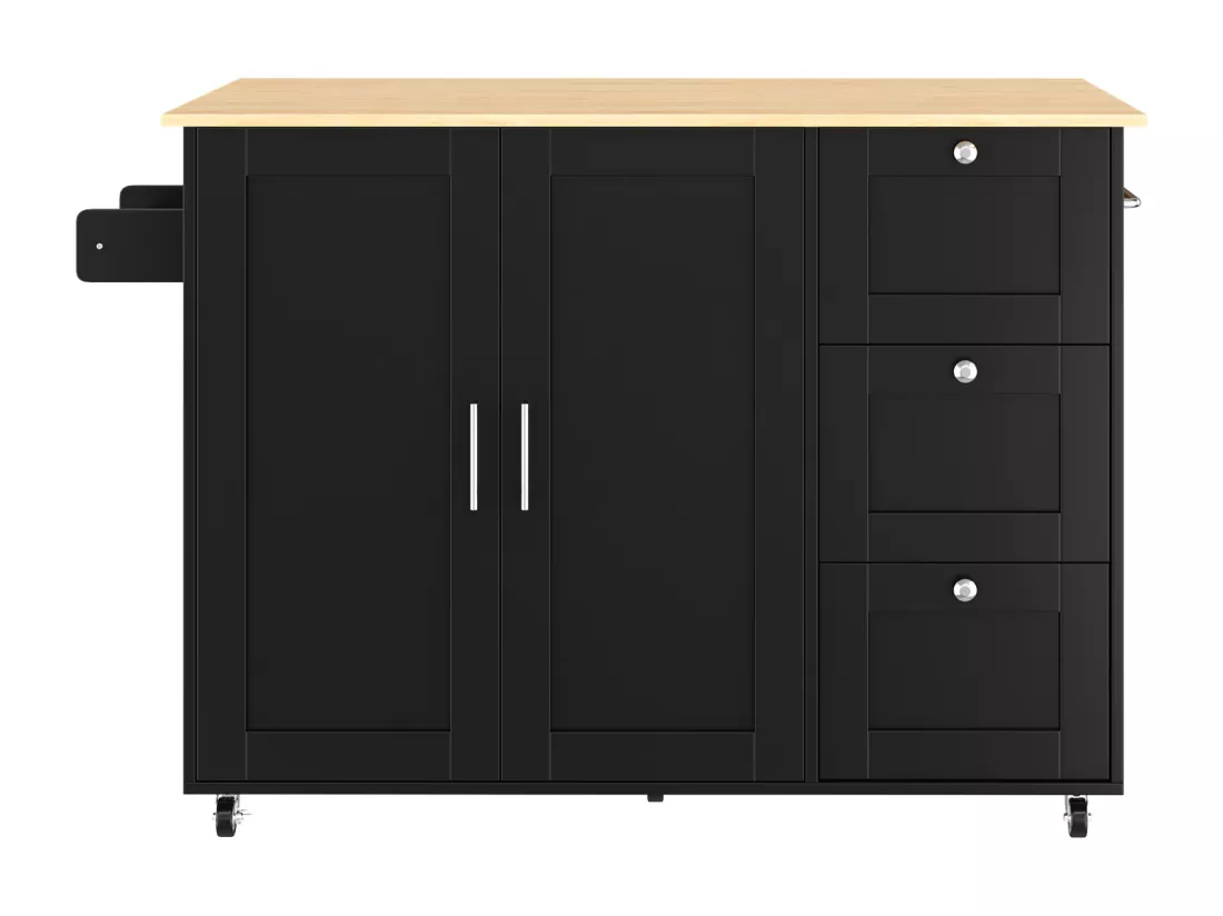 Ilot central de cuisine mobile avec 2 portes et 3 tiroirs - Plateau extensible - 135x44(70)x90 cm - Bois MDF - Noir et naturel