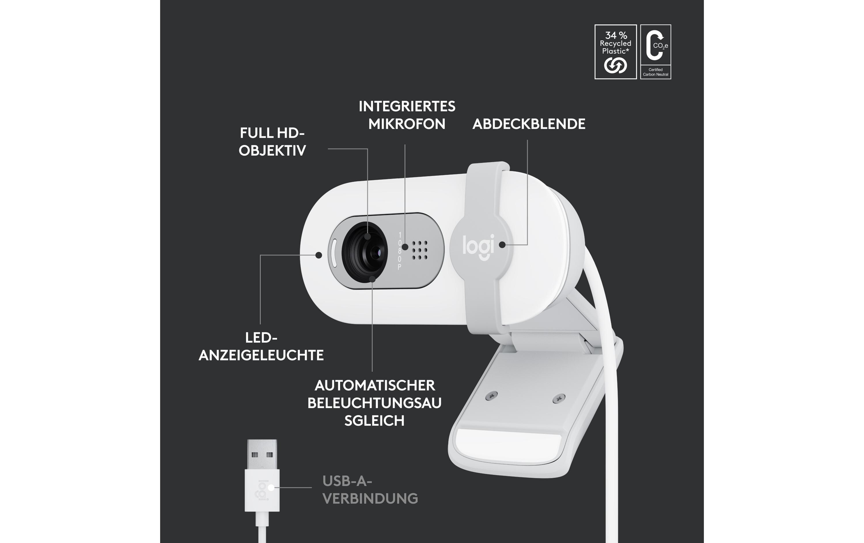 Brio 100 WeissFull HD-Webcam mit integrierter Abdeckblende