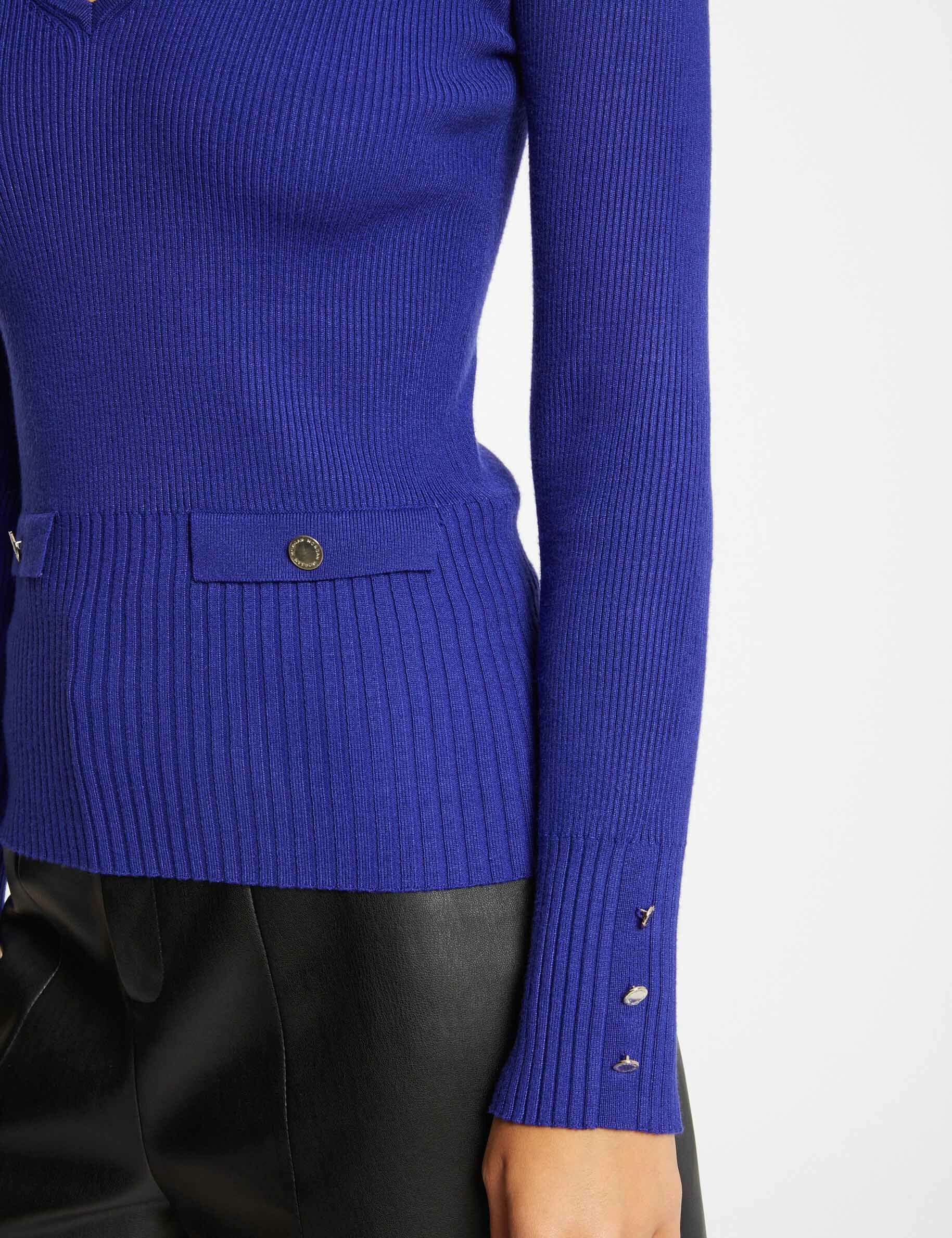 Pull manches longues côtelé à col en V bleu moyen femme - bleu_moyen
