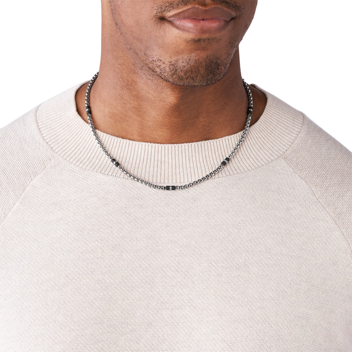 Collier FOSSIL acier inoxydable perles en marbre noir 50 cm