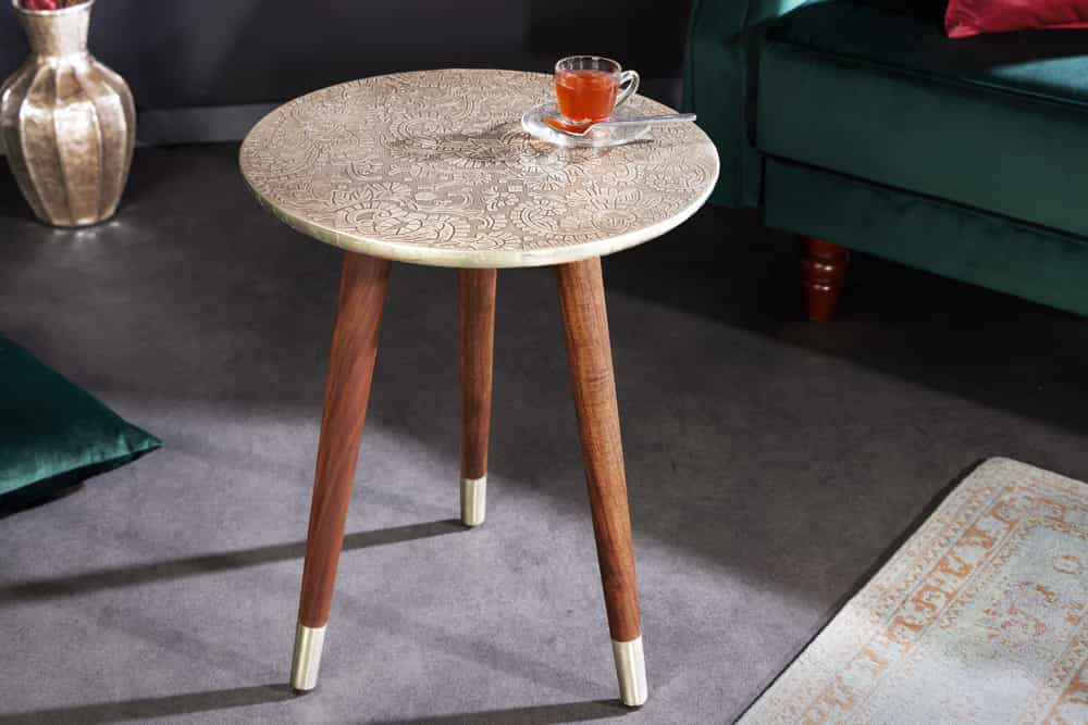 Design Beistelltisch ALCAZAR 50cm antik silber Metall Mangoholz Handarbeit rund