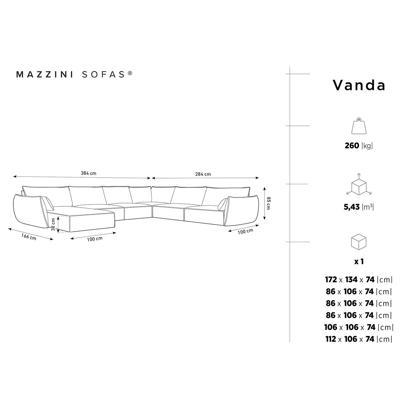 Mazzini Sofas Canapé d'angle Panoramique droit Velours Vanda 8 Places noir - 384x284x85 cm
