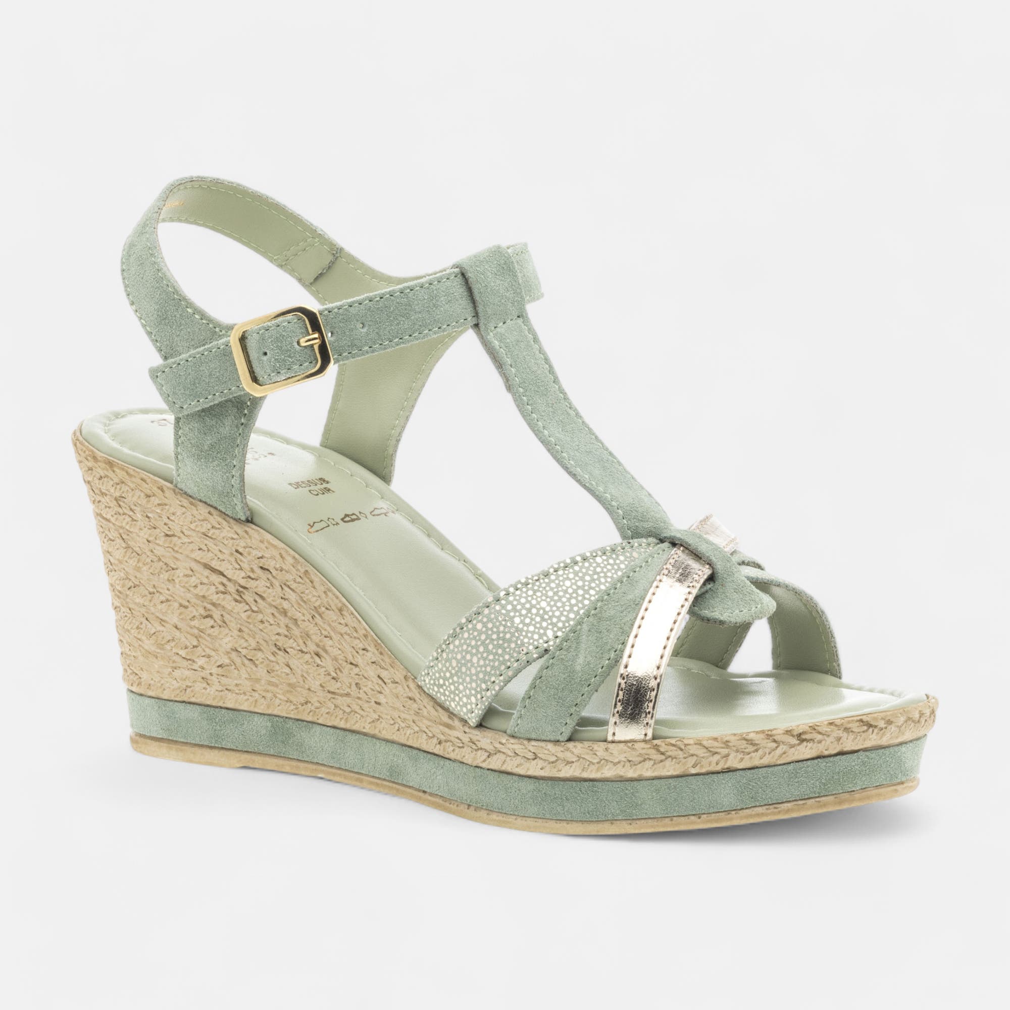Sandales à talon compensé Femme en cuir vert