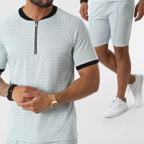 Ensemble Tee Shirt Col Zippé Short Jogging C5843-C8151 Noir Gris Anthracite