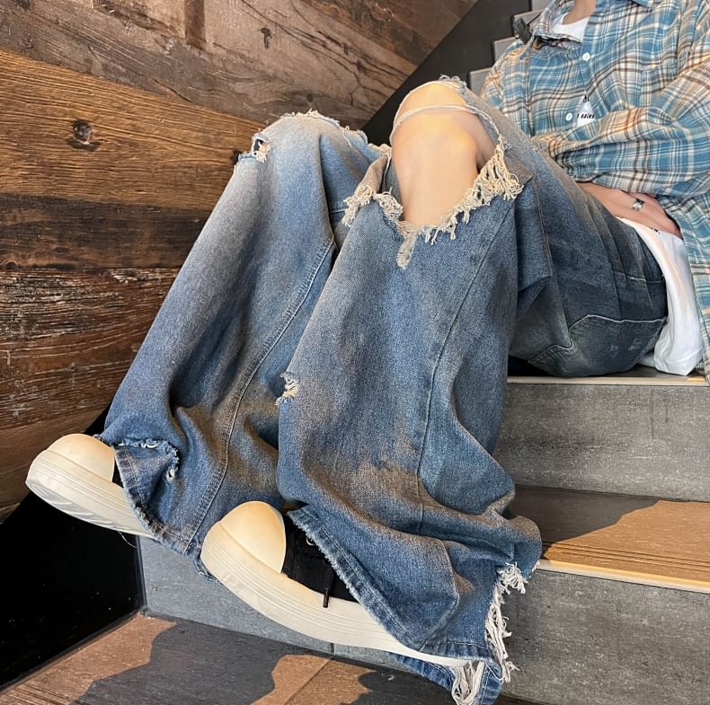 Antaeus - Mid Rise Distressed Wide Leg Jeans