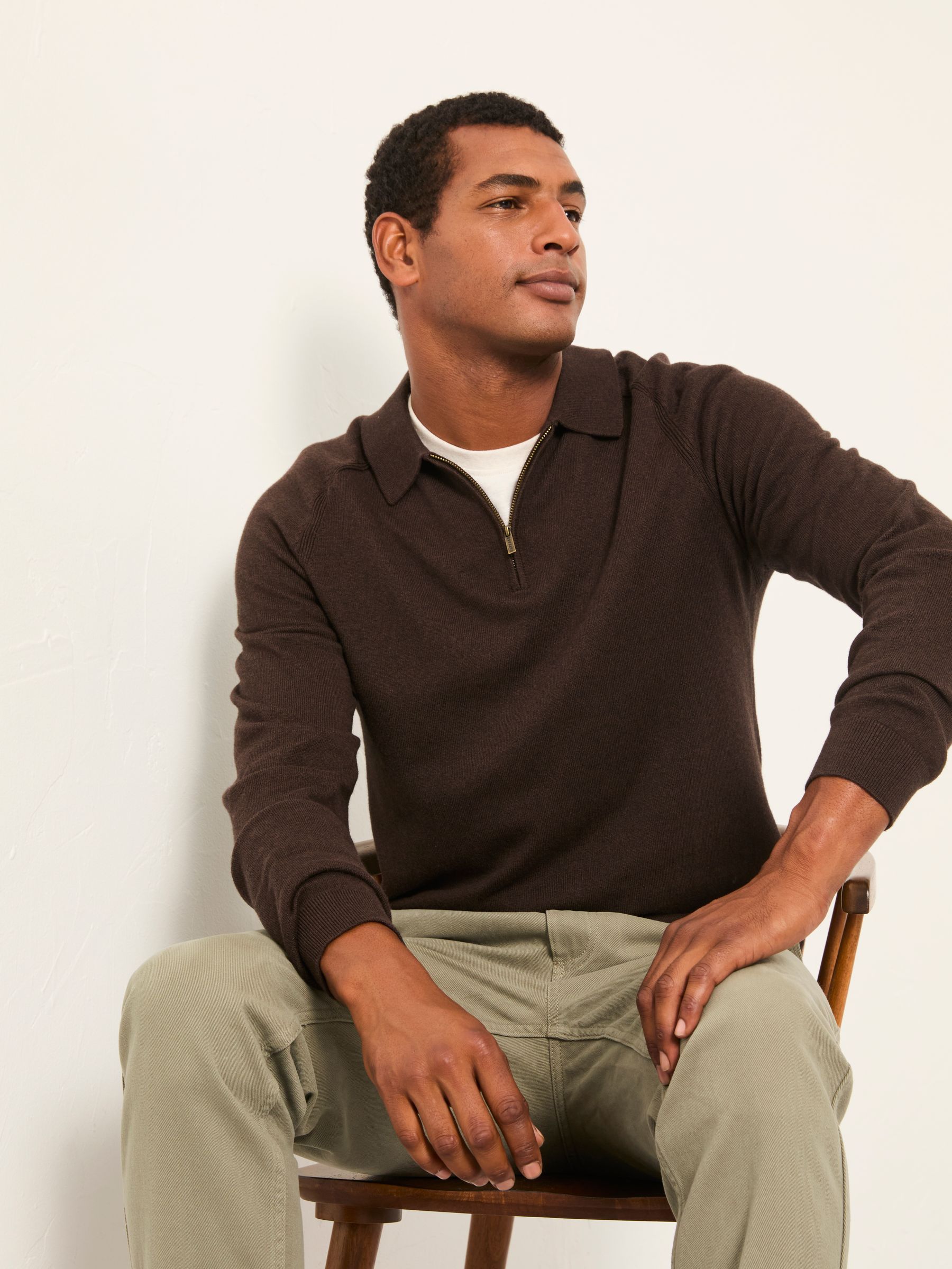 Chocoladebruin - FatFace Zip Collar Knitted Polo Jumper