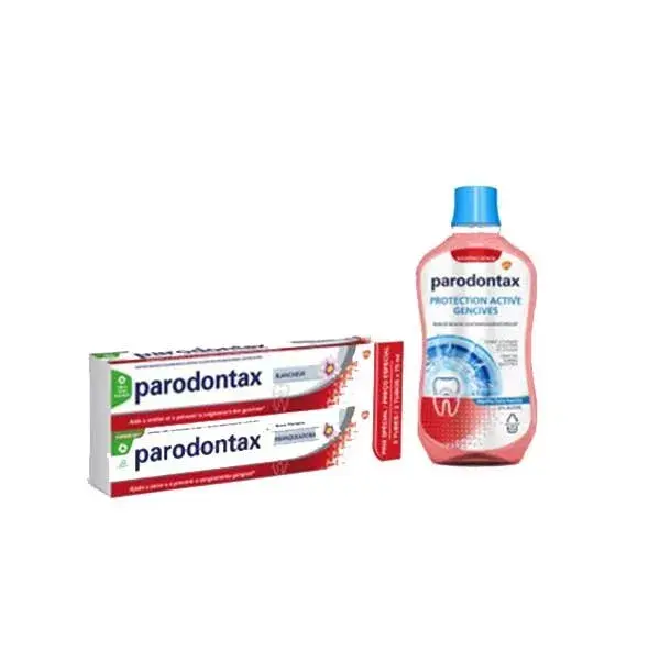 Kit com 2 pastas de dente clareadoras Parodontax e 500ml de enxaguante bucal.