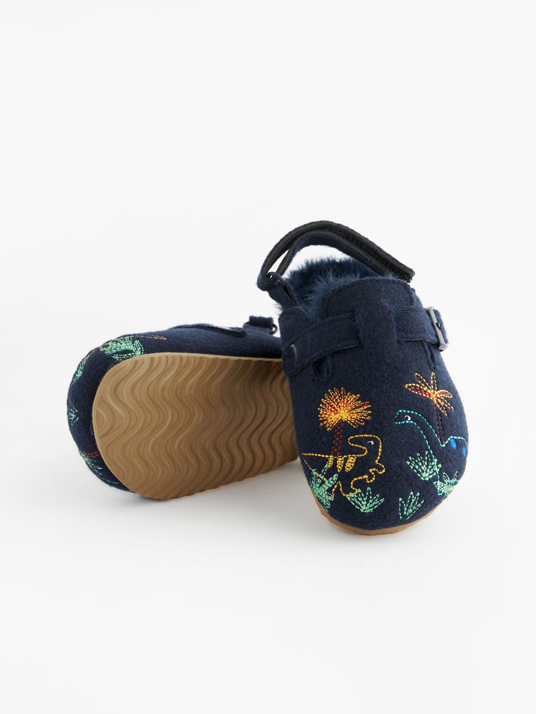 Marineblauw met dinosaurussen - Pantoffelklompen met voering van imitatiebont