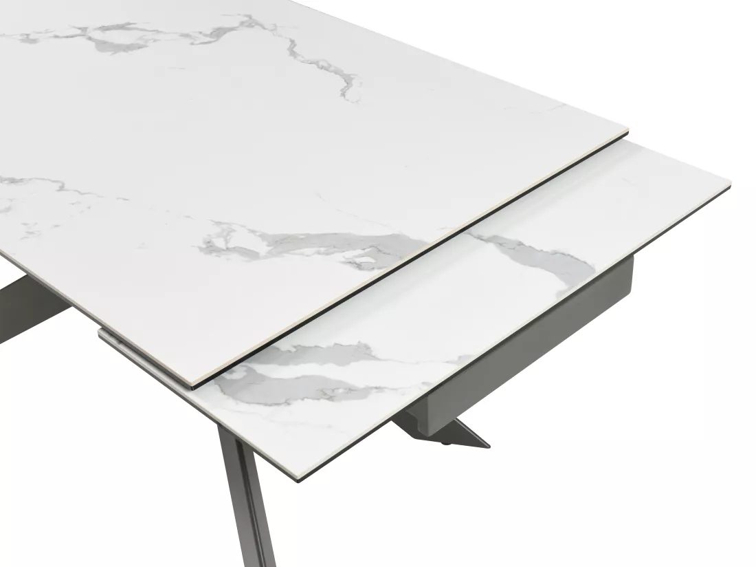 Table à manger extensible 6 à 10 personnes en céramique, verre trempé et métal - Effet marbre blanc et anthracite - COREMA de Maison Céphy