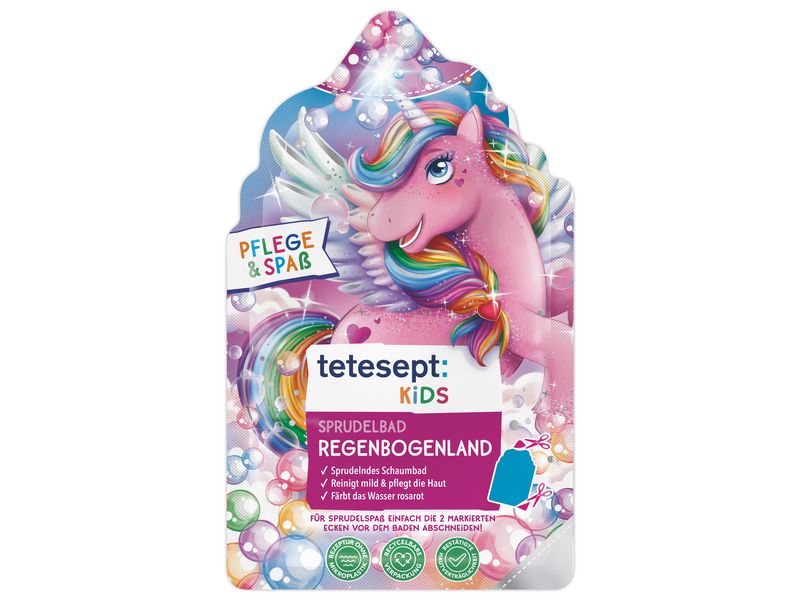 tetesept Kinder Sprudelbad Regenbogenland 40 g Schaumig sprudelnder Badespass mit fruchtigem Duft und hautgesunder Rezeptur