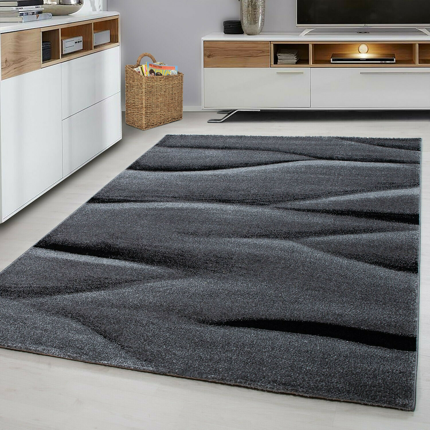Stilvoller Designer-Kurzflorteppich mit Wellenmuster in Schwarz und Grau