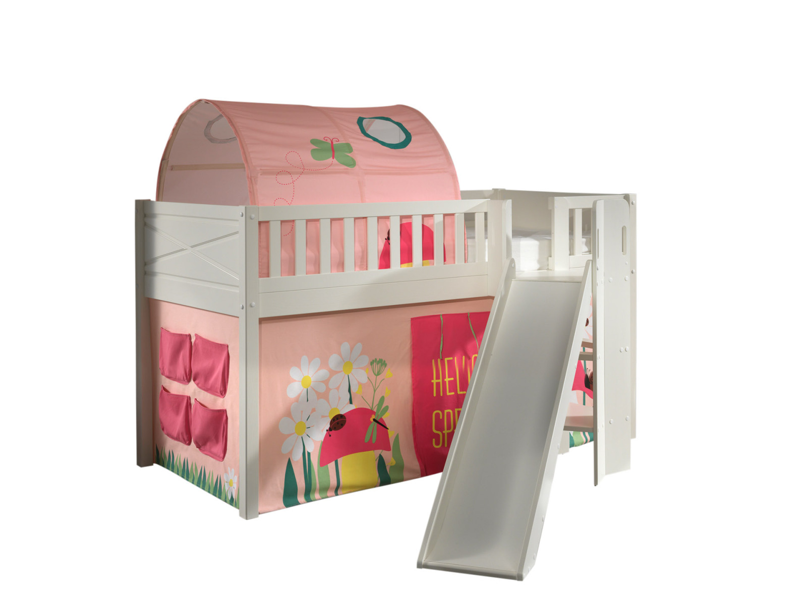 Spielbett SCOTT - weiß - Spring - mit Rutsche - Vorhang, Leiter und Tunnel - 90x200 cm