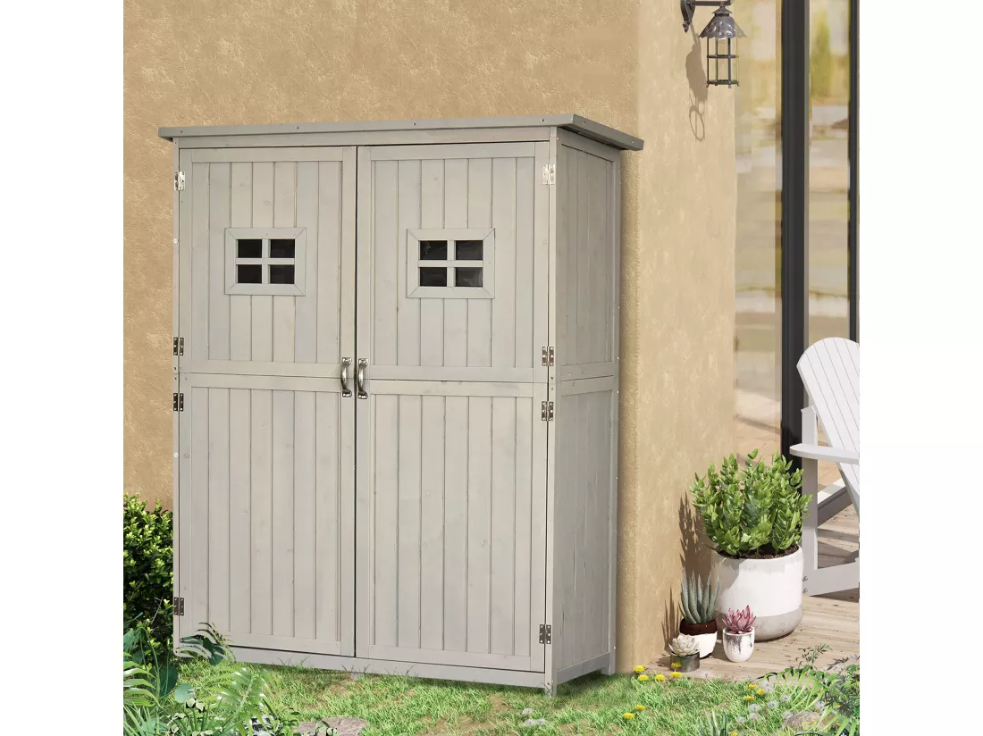 Abri de jardin armoire de jardin remise pour outils sur pied dim. 128L x 50l x 164H cm 2 étagères 2 portes 2 fenêtres toit bitumé étanche bois massif sapin pré-huilé gris