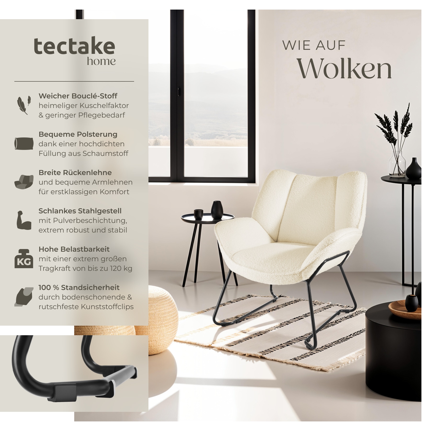 tectake® Sessel, gepolstert, mit Bouclé-Bezug, schlankes Stahlgestell mit Pulverbeschichtung, 73 x 72 x 81 cm