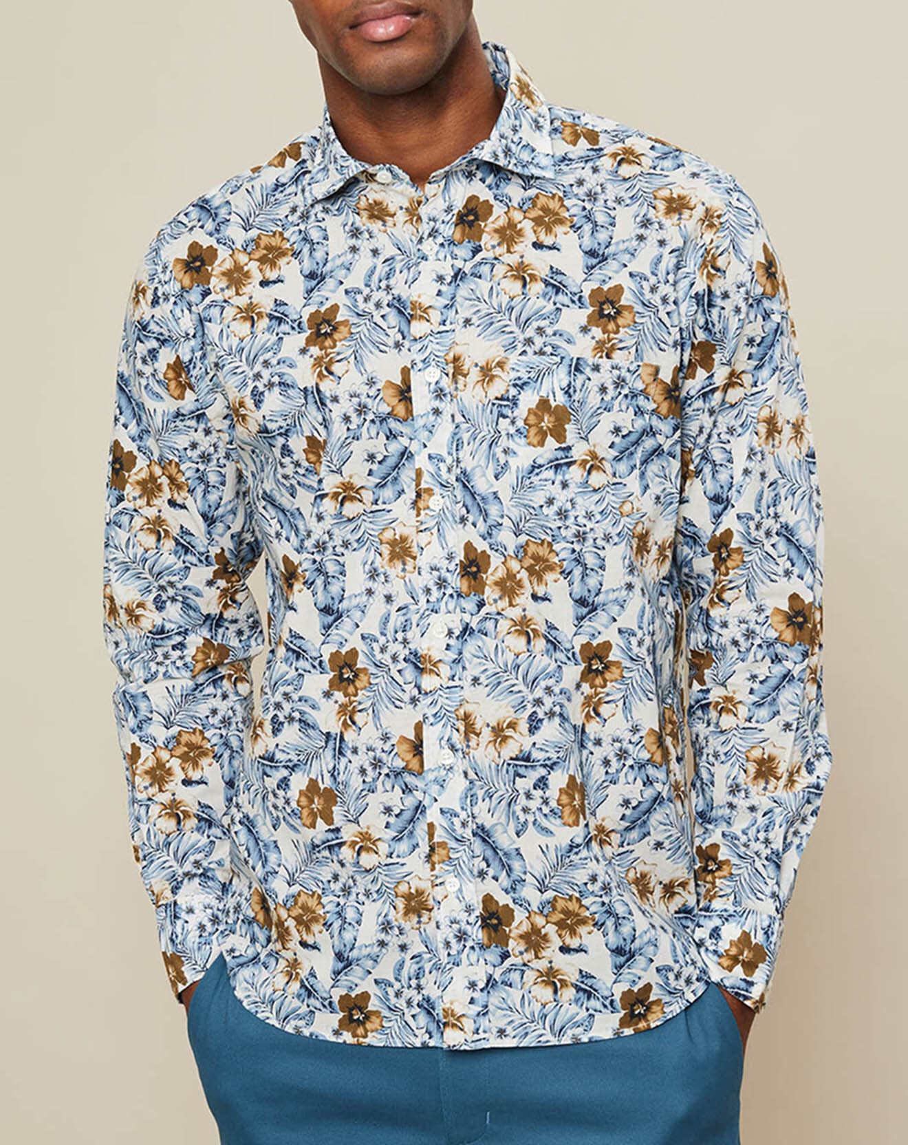 Hartford Chemise regular Paul tropical flowers bleu/beige