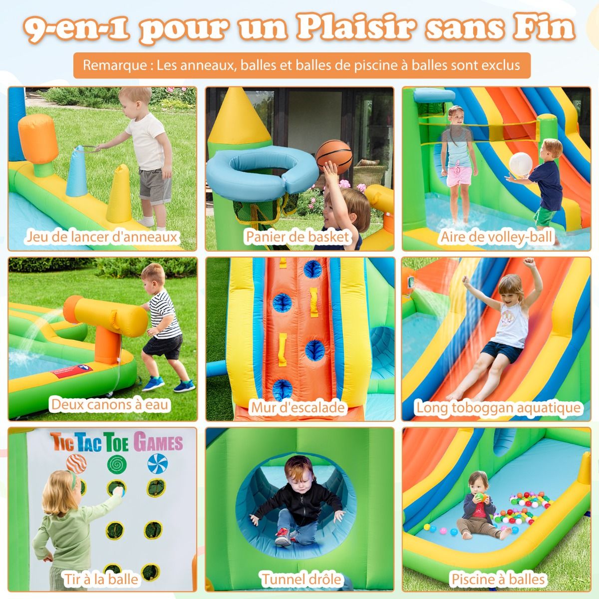 Toboggan Aquatique Gonflable Géant pour Enfants Piscine à Éclaboussures sures Mur D'escalade Canons à Eau Lancer D'anneaux Cerceau (sans Souffleur) Multicolore - Lidl-Manfred