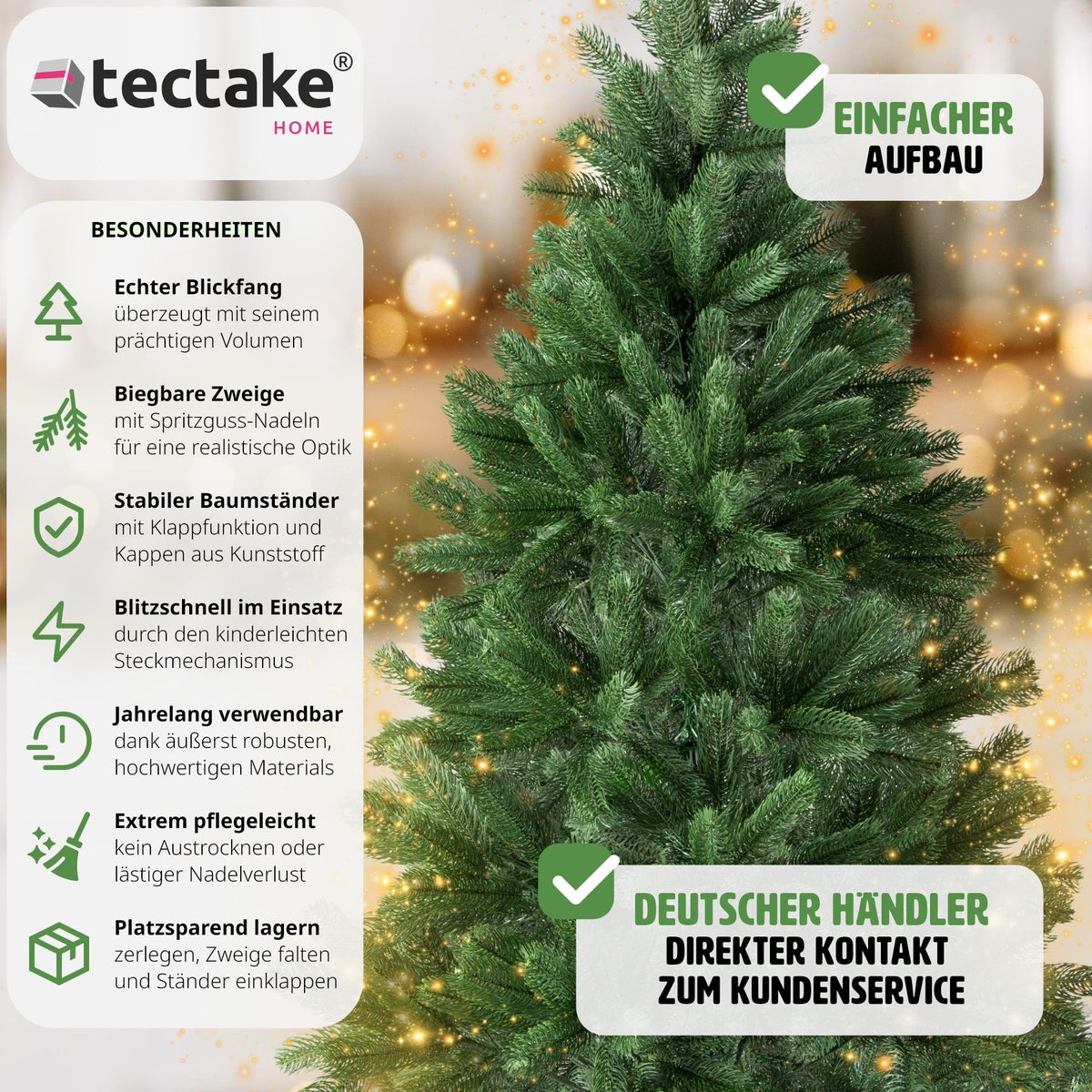 Kerstboom tectake, diverse maten, kunstmatig, spuitgegoten, inclusief metalen standaard met kunststof doppen