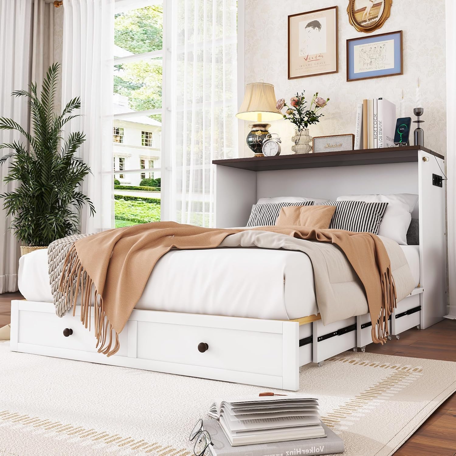 Schrankbett, 140X200cm, Mobiles Schrankbett mit Schubladen am Bettende und Regal am Kopfende des Bettes, mit USB und Steckdose, Umbaubares Plattformbett, Ohne Matratze, weiß