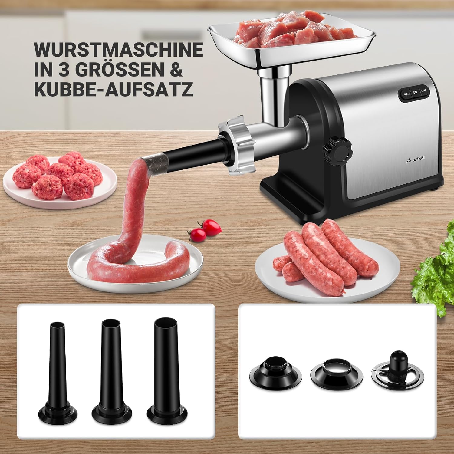 AOBOSI 3-In-1 Fleischwolf Elektrisch Mit 3 Edelstahl-Schleifplatten,1 Kubbe & 3 Wurstfüllrohren, [3000w Max |Size #10 ] Für Fleisch, Fleischwurst. Fleischwolf Edelstahl Mit Klingen.