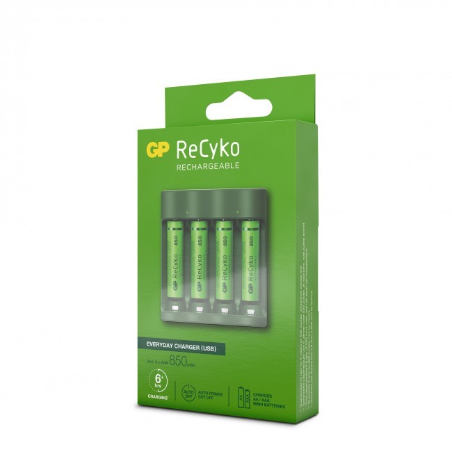 GP - ReCyko Everyday-batteriladar (USB), inkl. 4st AAA 850mAh NiMH-batterier